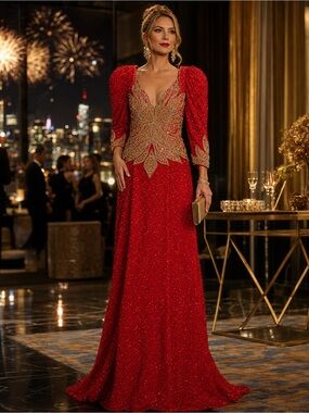 Elegant Red Beaded Evening Gown with Gold Embellishment silk